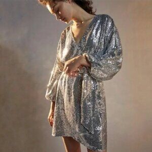 NWT ANTHROPOLOGIE Silver Sequin Wrap Dress XXS Petite Lisabette Party Dress